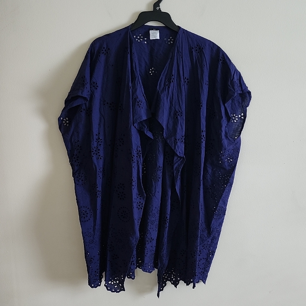 J. Crew Deep Blue Eyelet Cardigan Kimono Womens S/M Organic Cotton